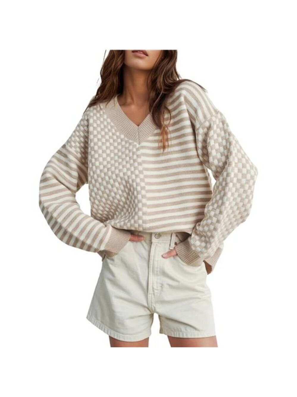 Womens V Neck Sweater Striped Pullover Knit Patchwork Long Sleeve Fall Tops Casu